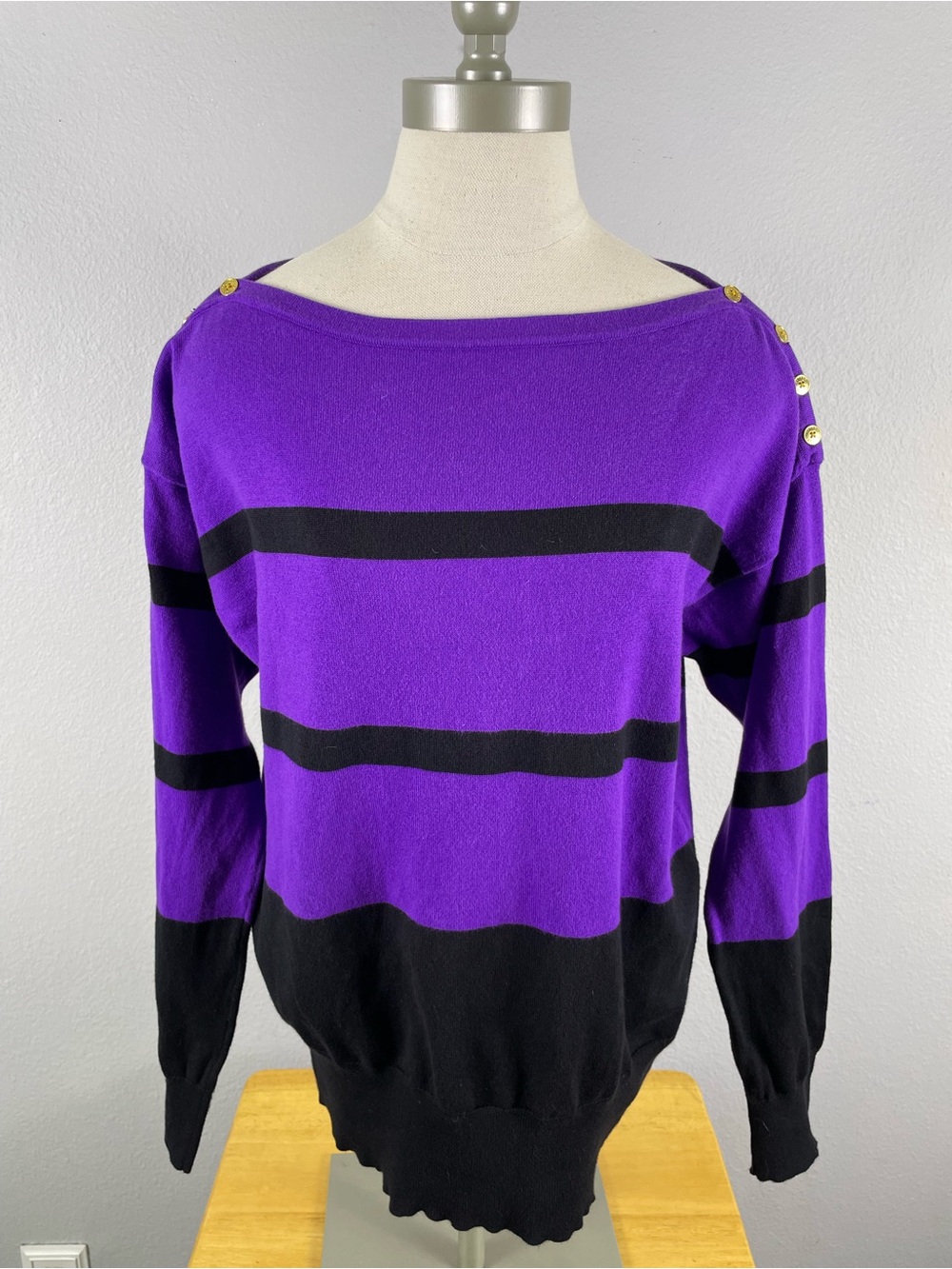 Lauren Ralph Lauren Purple & Black Striped Boatneck Sweater Gold Buttons Size XL
